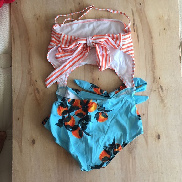 NEW High-Waist Monokini Oranges Blue Swimsuit - Picture 6 of 7